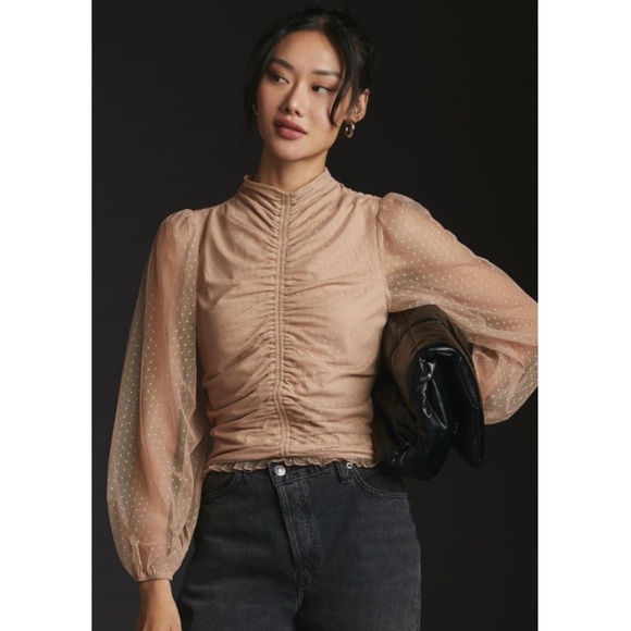 Anthropologie En Elly Ruched Blouse Top New Champagne Light Sand Size Medium NWT - Picture 5 of 12